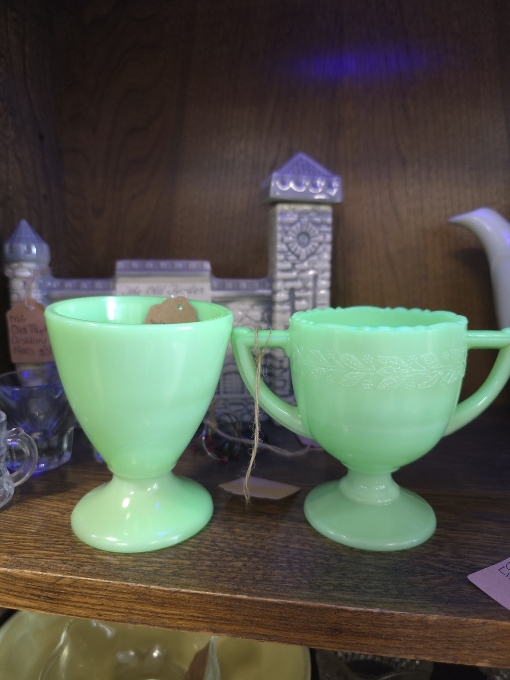 Vintage 2 Pc McKee Green Uranium Glass Pedestal Sugar Bowl/Egg Cup Jadeite